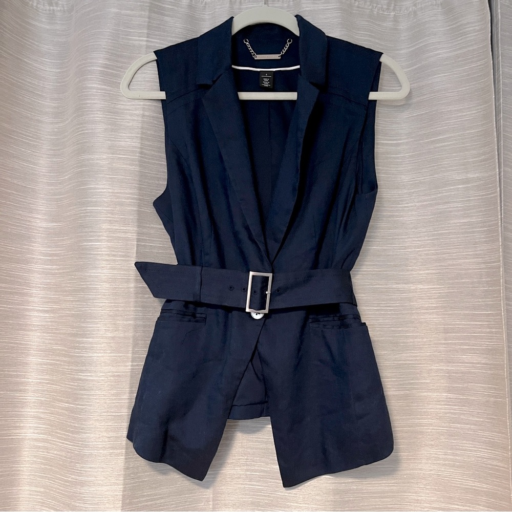 WHBM linen belted vest in navy size 6